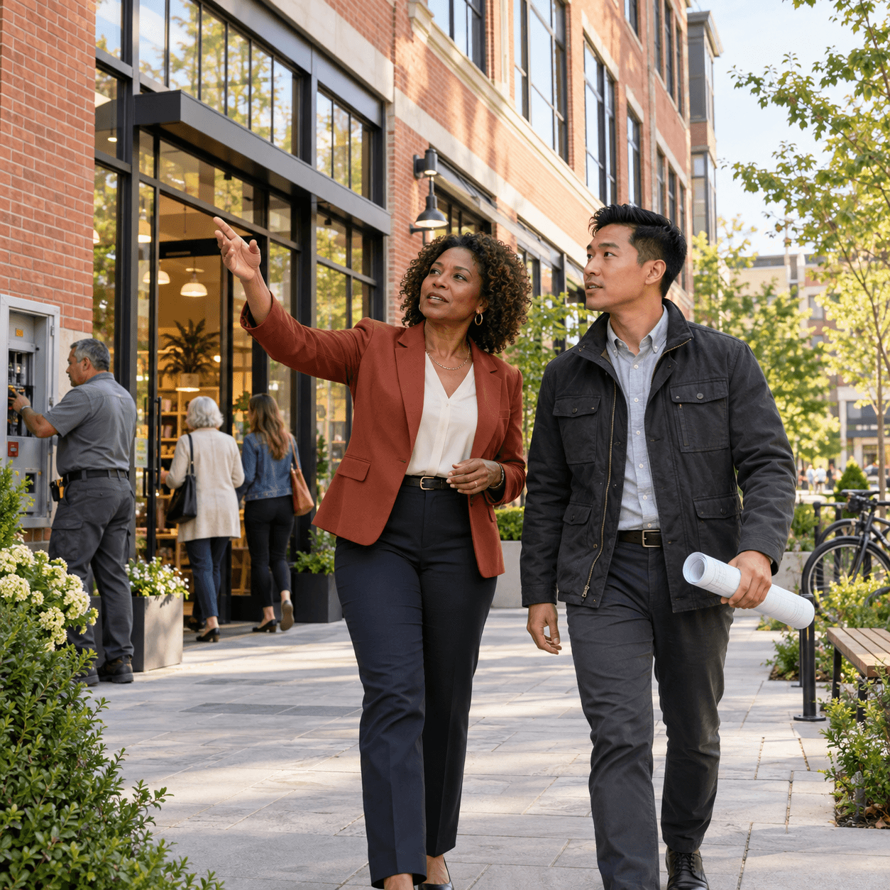 A property manager walking a commercial owner along a brick retail plaza