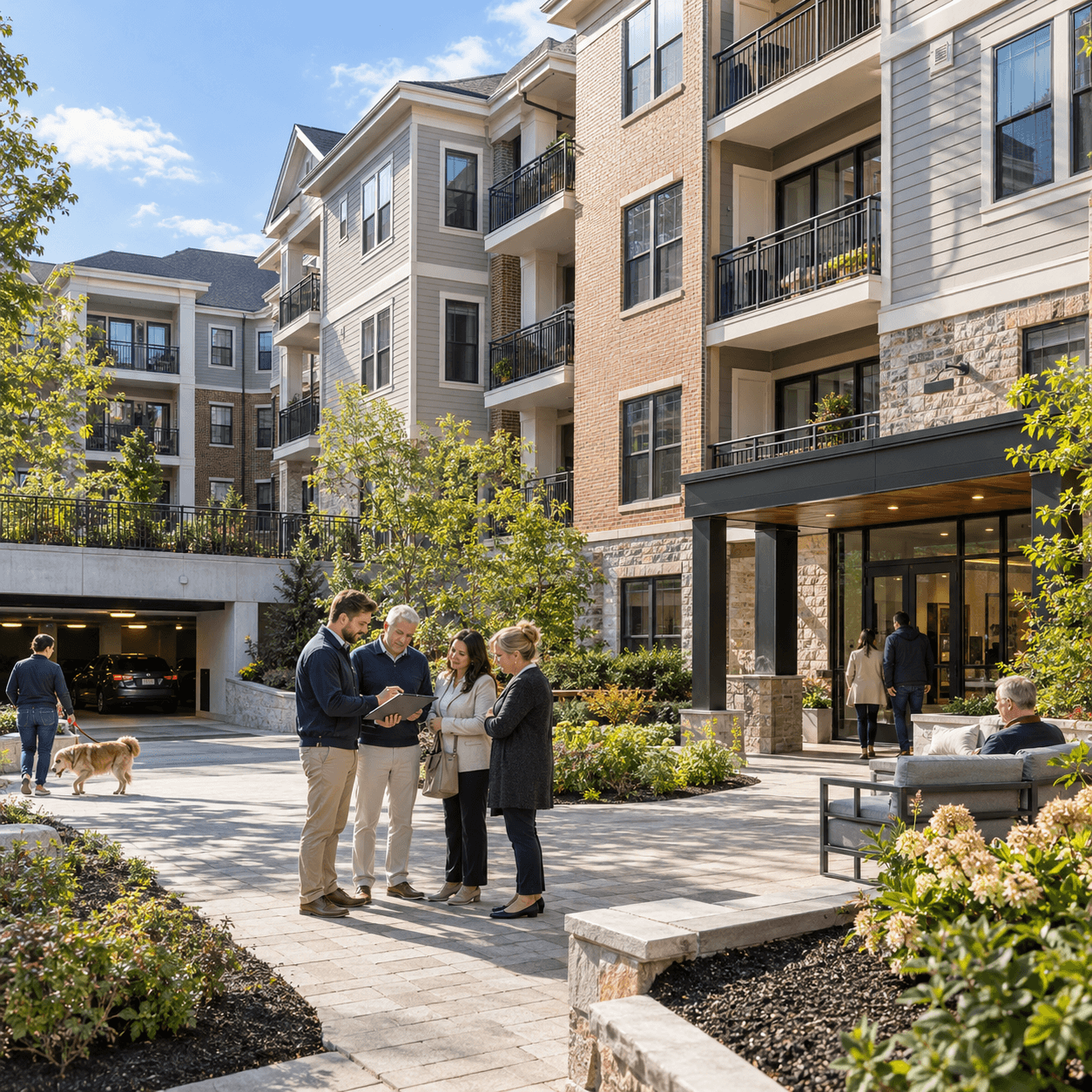 Condo board members reviewing plans in a condominium courtyard